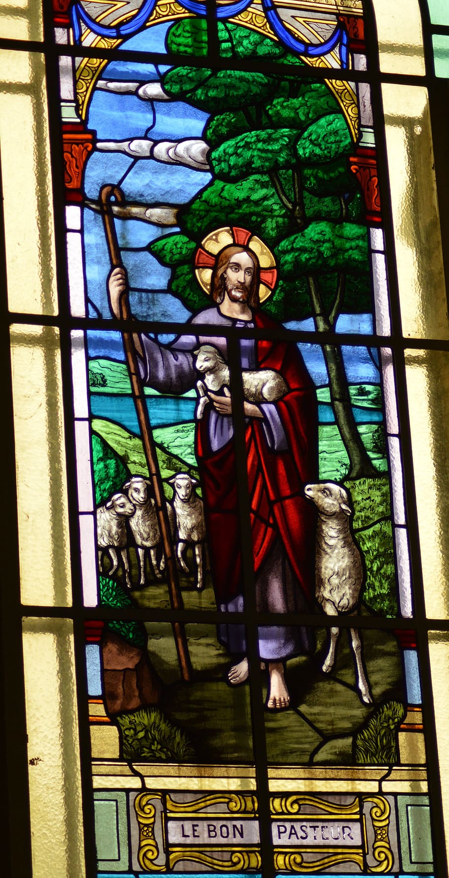 kaca patri, jendela, Gereja, iman, Yesus, berger, domba, kawanan, pantat, Kristen