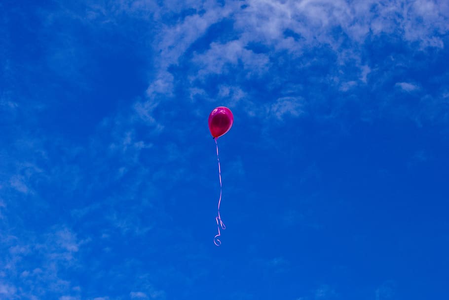 red, balloon, floating, sky, pink, flying, blue, sunshine, summer, mid-air