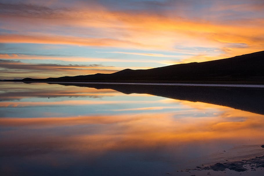 reflections, bolivia, sunset, salt flats, sky, water, reflection, cloud - sky, lake, beauty in nature