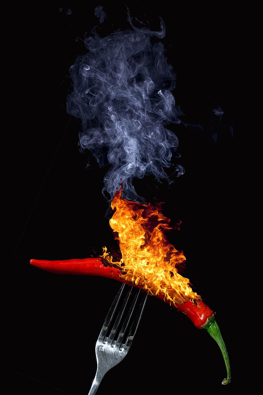 chili, gray, fork, pepper, sharp, flare-up, burn, hot, smoke, black background