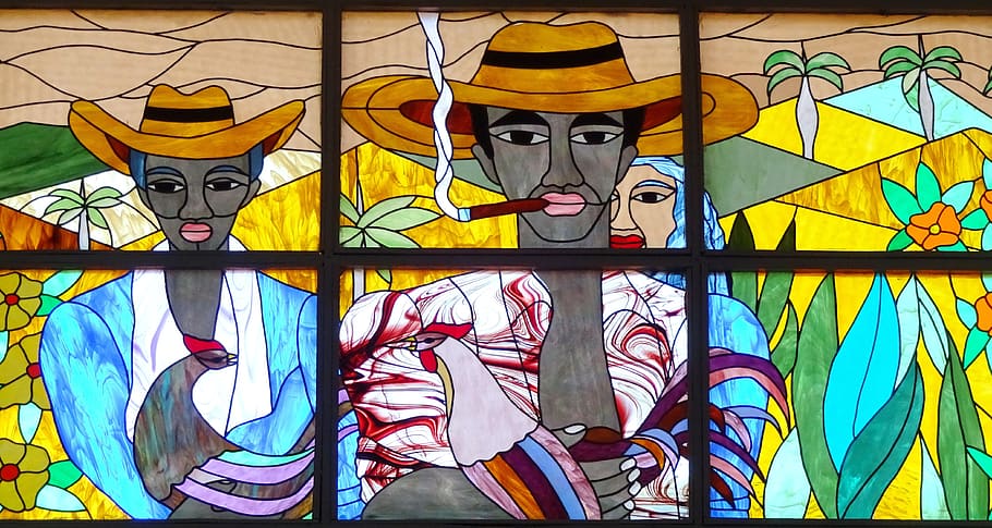 cuba, stained glass, colorful, peasant, naive, art, cigar, glasses, texture, light