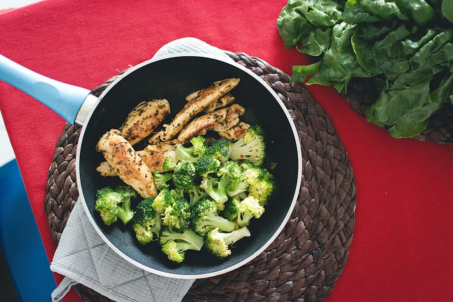 chicken breast steak, broccoli, Chicken breast, steak, chicken, healthy, home, meat, pan, top view