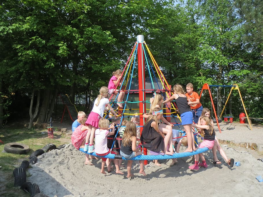 children, playground, climb, women, childhood, girls, group of people, tree, females, sitting
