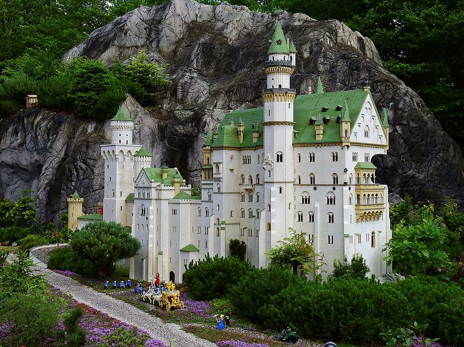 white, green, castle, back, mountain, whit, green building, rocky mountain, lego, legoland