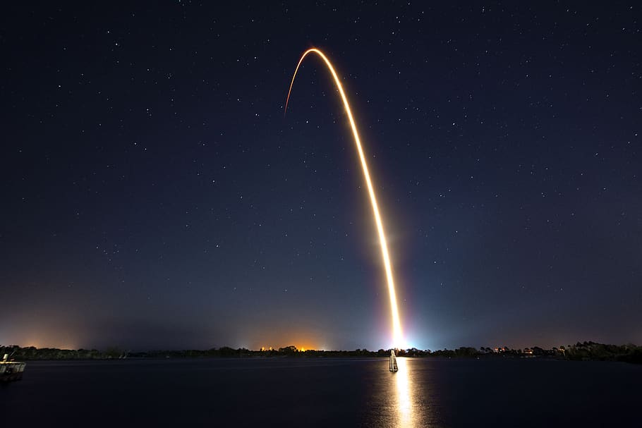 rocket, space, night, launch, liftoff, trail, stars, sky, technology, science