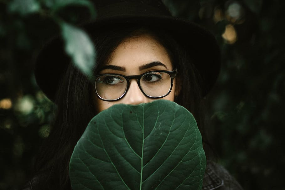 woman, covering, mount, leaf, green, plant, nature, people, girl, sunglasses