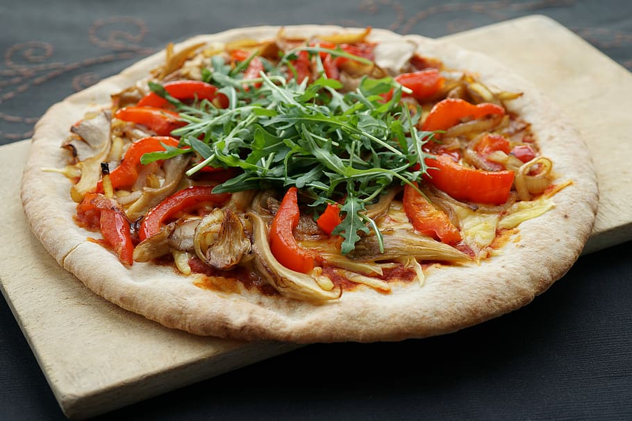 pizza, herb, tomatoes, vegan, oyster mushroom, paprika, arugula, meal, food, snack