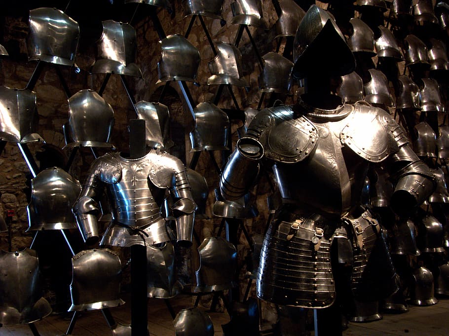 Armor, Soldiers, Defense, Battle, knights, metal, backgrounds, indoors, technology, day