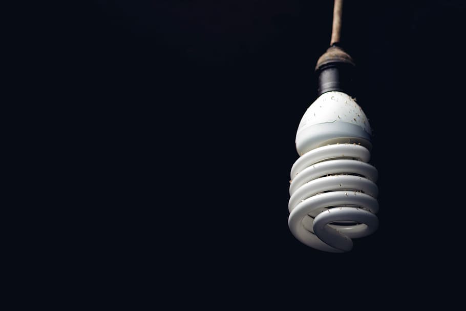 cfl bulb illustration, disjunct, electricity, glass items, spiral, dark, power, desktop, isolated, wallpaper