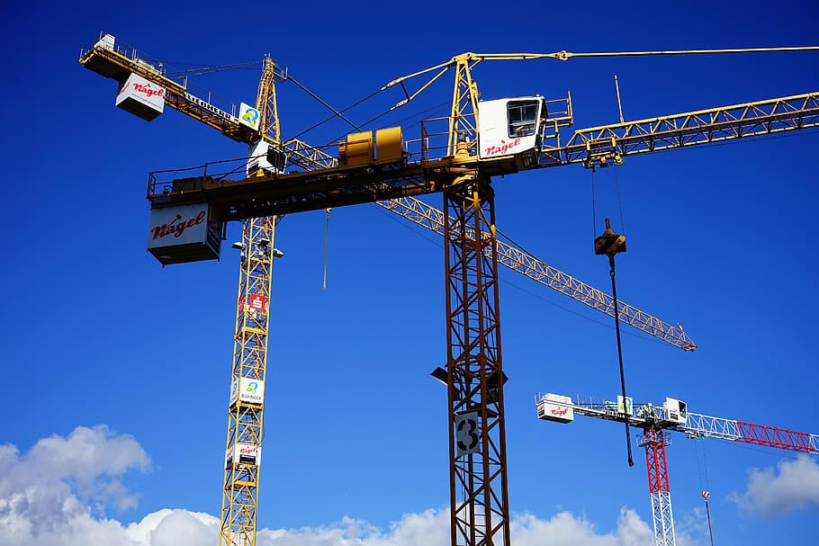yellow, black, tower cranes, cranes, load lifter, site, baukran, build, sky, construction work