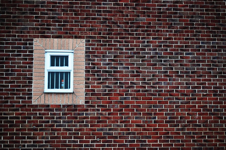 white, wooden, framed, sliding, window, placed, brown, brick wall, brick, wall