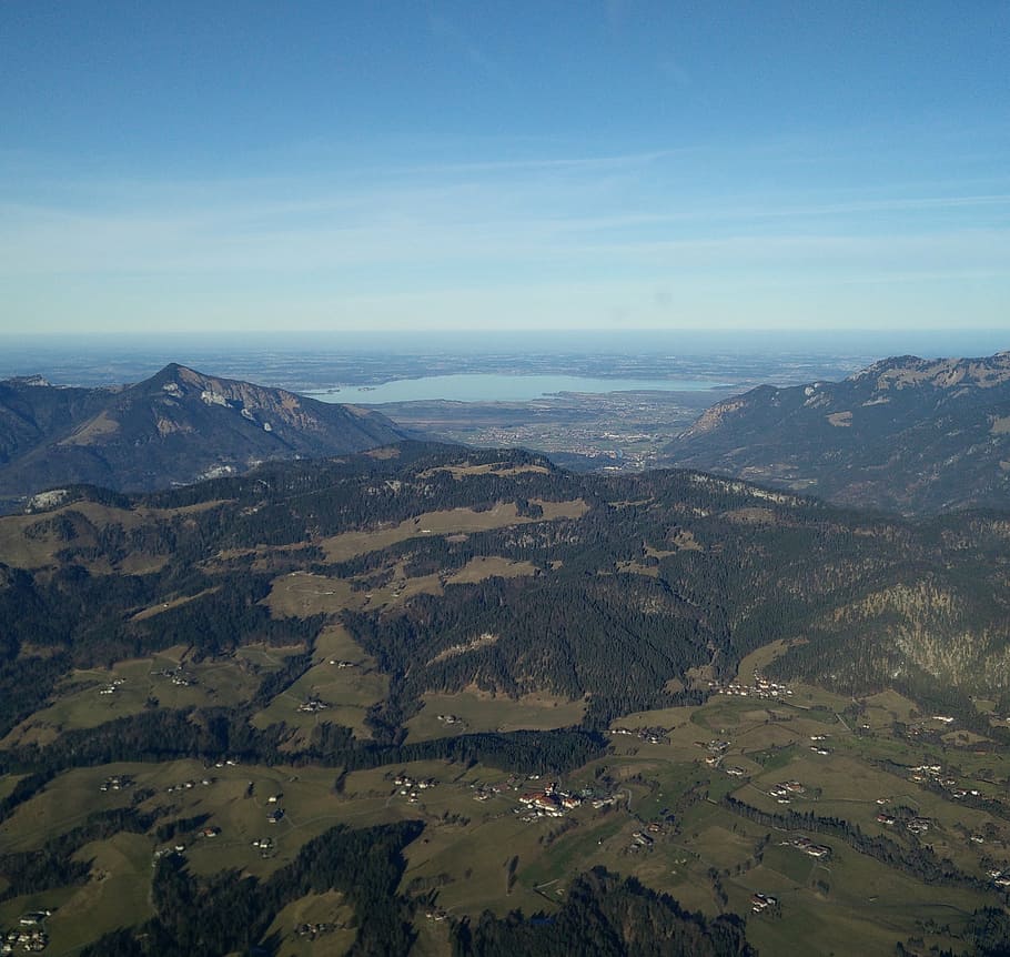 chiemsee, alpine foothills, mountains, aerial view, sky, blue, scenics - nature, environment, landscape, beauty in nature