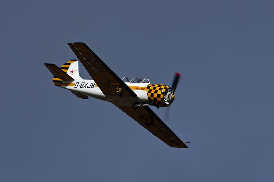aviation, two seater, propeller, plane, yellow, white, sky, stowe maries airfield, flying, retro