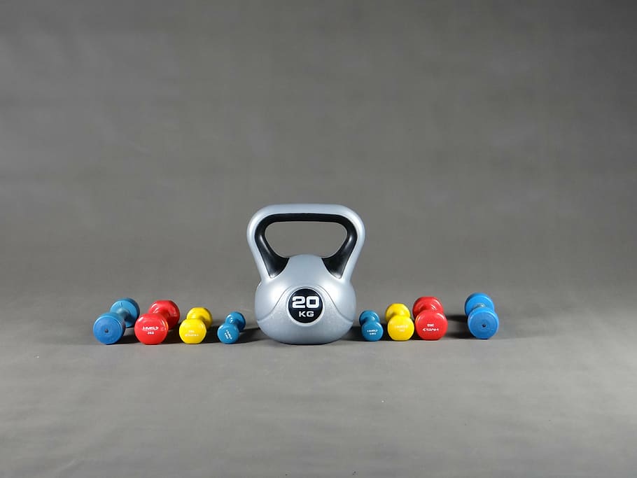 gray, kettle bell, fixed, weight dumbbells, sport, gym, dumbbell, exercising, multi colored, studio shot