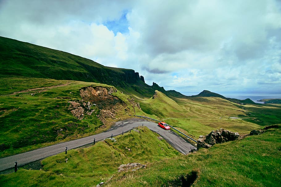 green, grass, highland, grassland, landscape, nature, mountain, car, vehicle, road