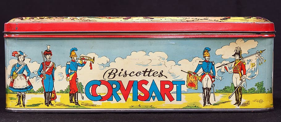 biscottes corvisart, box, tin, package, old, retro, historic, container, metal, multi colored