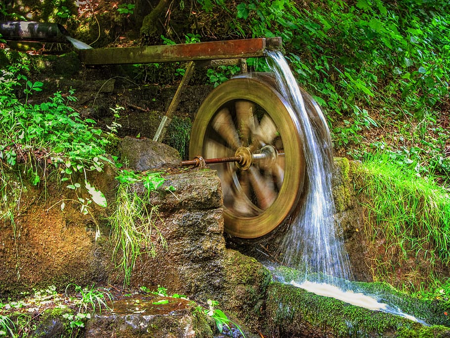 nature, source, water, wasserad, plant, outdoor, motion, water wheel, long exposure, watermill
