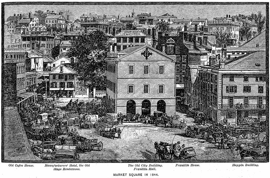 pemeliharaan alun-alun pasar, 1844, Market Square, Providence, Rhode Island, ukiran, karya seni, foto, provindence, domain publik