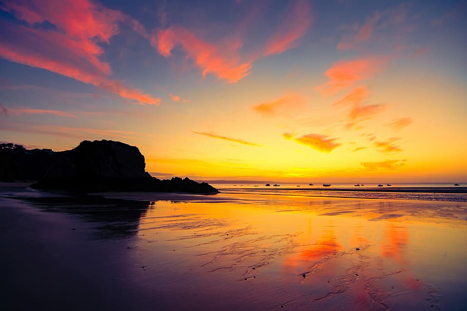 corpo, agua, dourado, hora, tenby, Pembrokeshire, nascer do sol, praia, reflexões, primeira luz