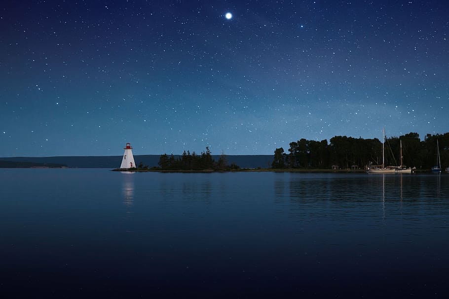 white lighthouse, blue, sky, stars, galaxy, night, trees, plant, nature, sea