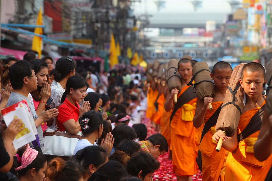 buddha, bhikkhu, bermeditasi, berjalan, tradisi, upacara, orang, thailand, agama buddha, oranye