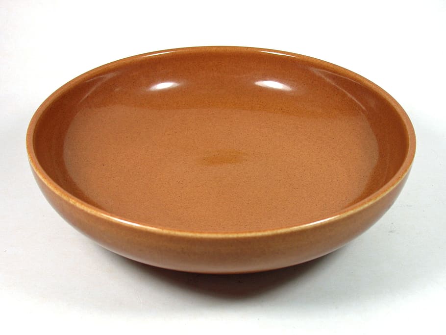 russel wright, iroquois china, pottery, nutmeg, 8 bowl, brown bowl, still life, indoors, white background, brown