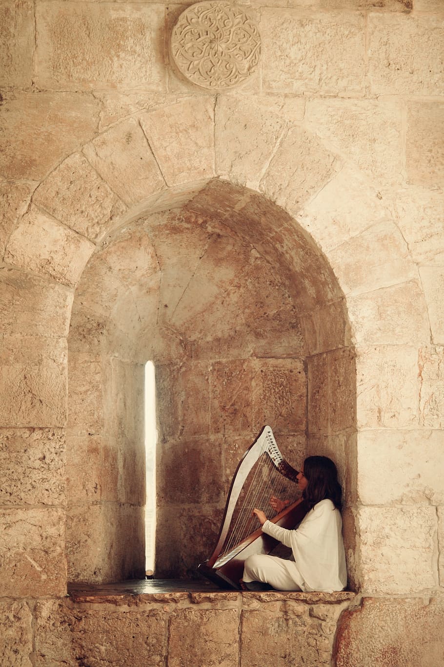 woman, white, robe, playing, harp, Music, Jerusalem, Traditional, instrument, jewish