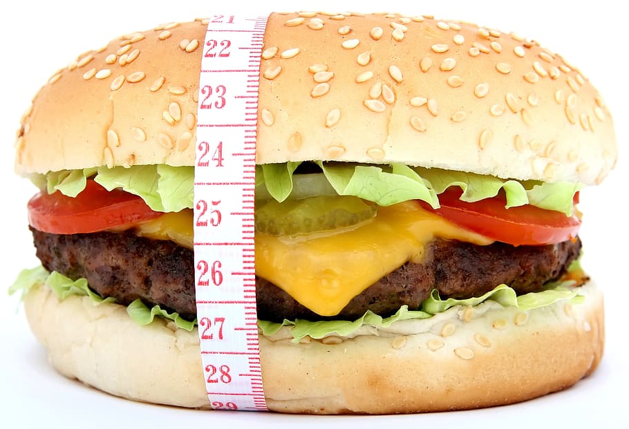 写真, 測定, ハンバーガー, 食欲, 牛肉, 大きな, パン, カロリー, チーズ, カラフル