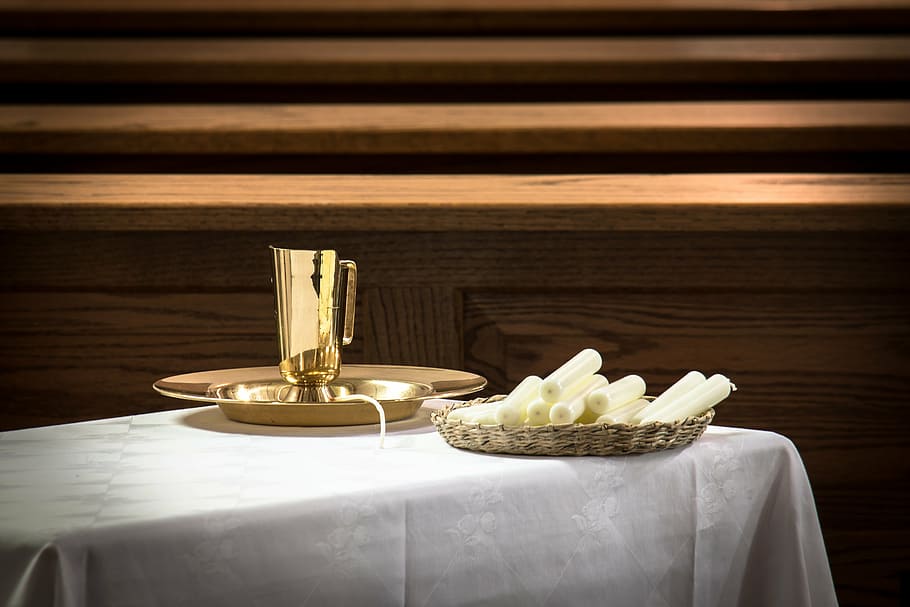 selective, focus photography, candlesticks, table, baptism, sacrament, baptismal bowl, pot, jug, water jug