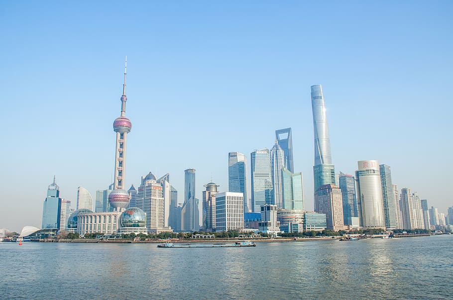 oriental, torre de perlas, china, cielo azul, ciudad, shanghai, el bund, edificio, torre de perlas orientales, exterior del edificio