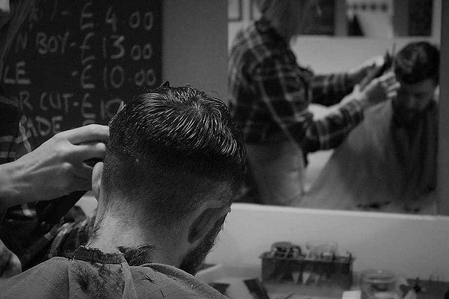 grayscale photography, man, cutting, hair, front, mirror, salon, style, hairdresser, hair style