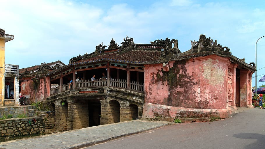 rosa, marrom, concreto, ponto de referência, Vietnã, Hoi An, ponte coberta, Danang, arquitetura, céu