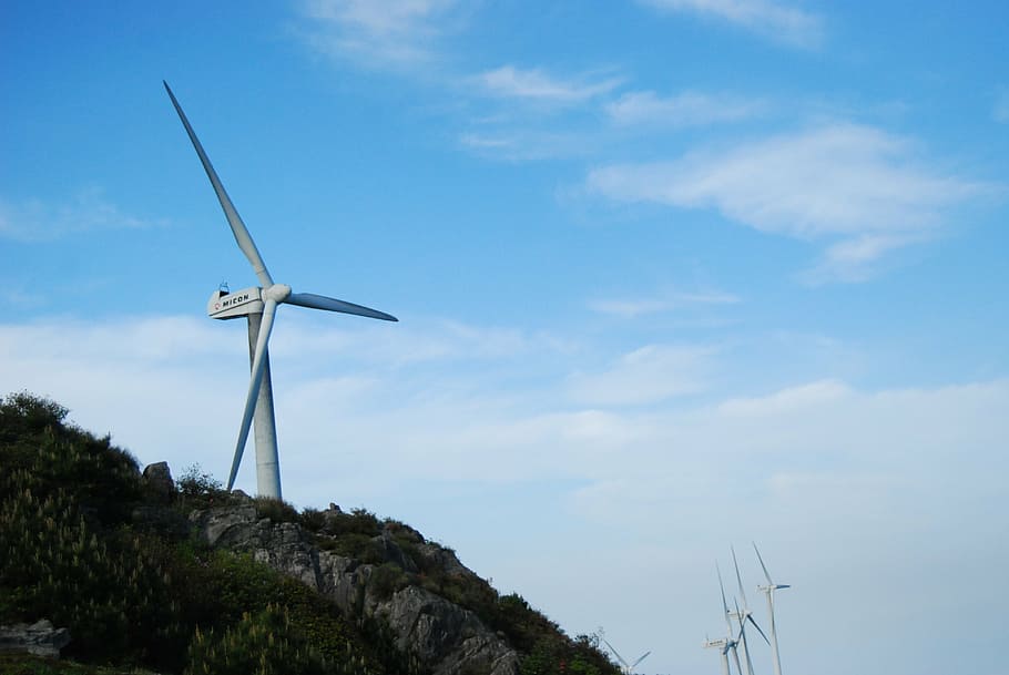 kuocang, céu azul, moinho de vento, turbina, turbina eólica, ambiente, vento, combustível e geração de energia, gerador, eletricidade