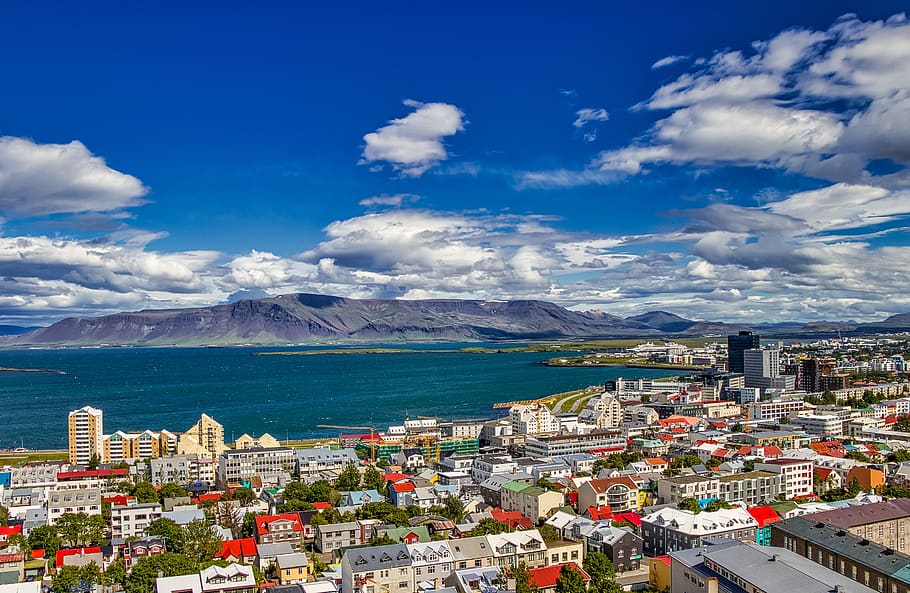islândia, cidade, reykjavik, arquitetura, ilha, rua, casas, construção, água, céu