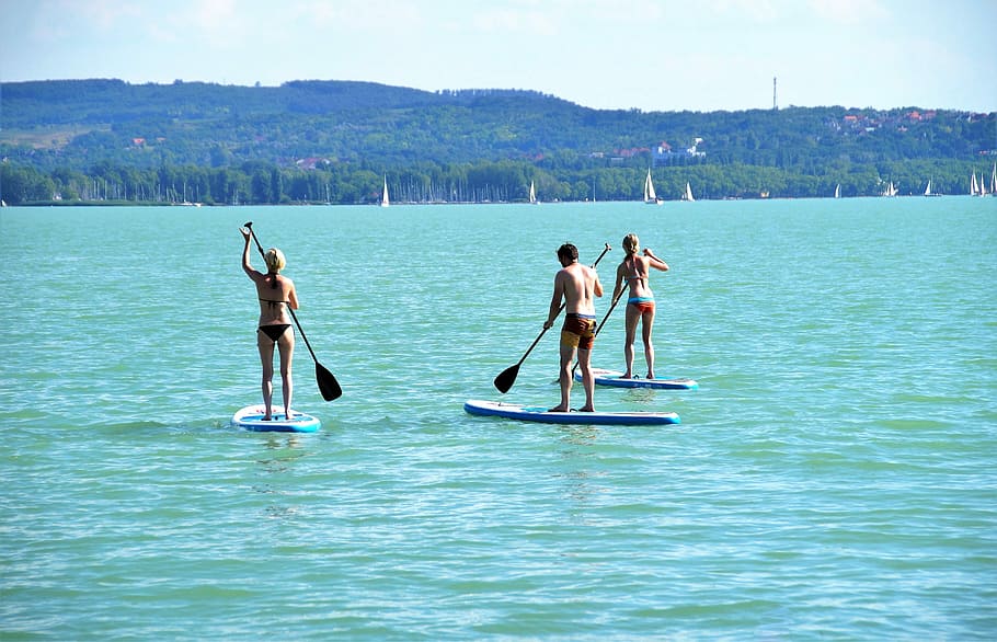 two, women, one, man, paddle boat, sunny, sky, Stand Up Paddle, Sup, Water