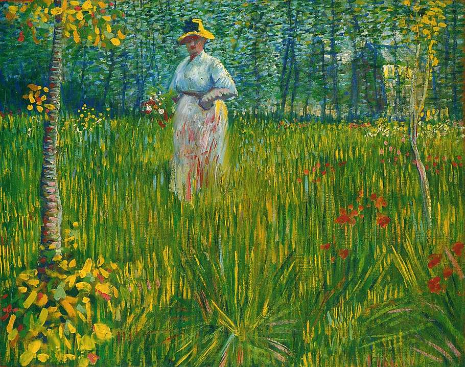 woman, wearing, hat, standing, surrounded, grass painting, vincent van gogh, art, artistic, artistry
