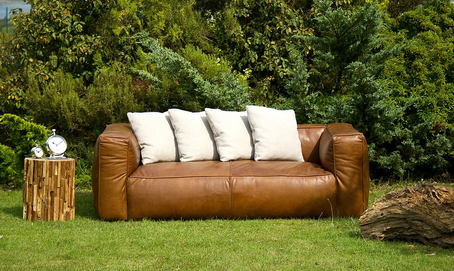 leather couch, four, white, throw, pillows, top, Armchair, Brown, Garden, Composition