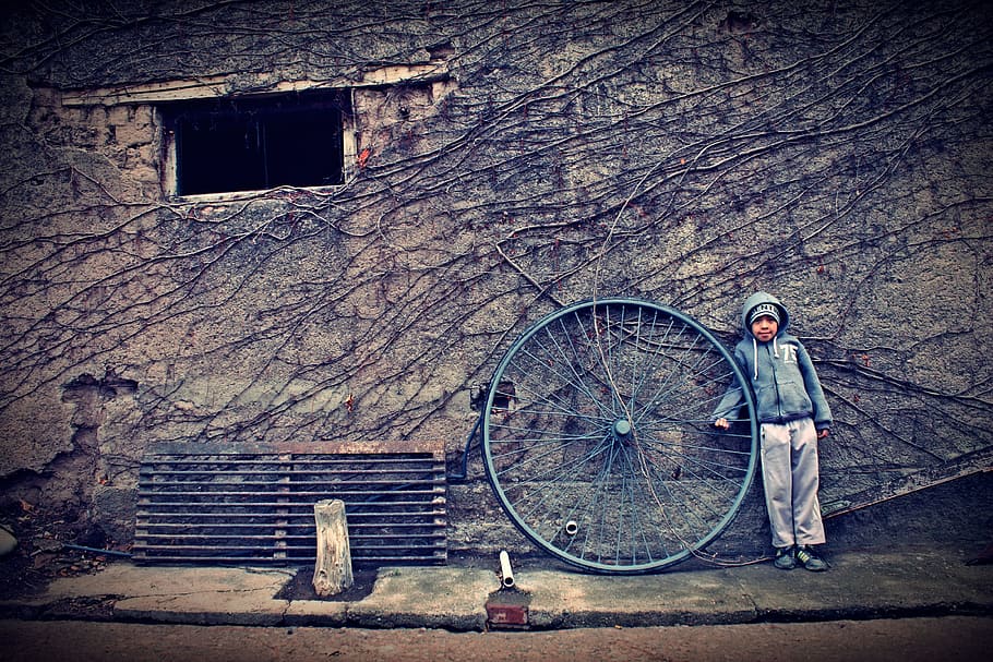 boy, gray, hoodie, standing, penny-farthing, spoke, leaned, wall, child, wheel