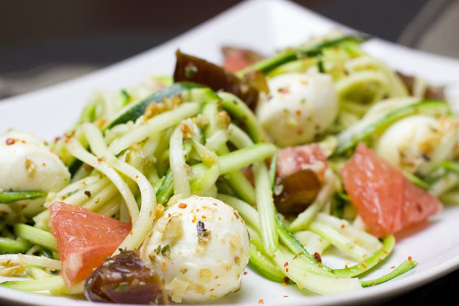 vegetable salad, white, ceramic, plate selective-focus photography, zucchini, noodles, healthy, diet, cheese, mozzarella