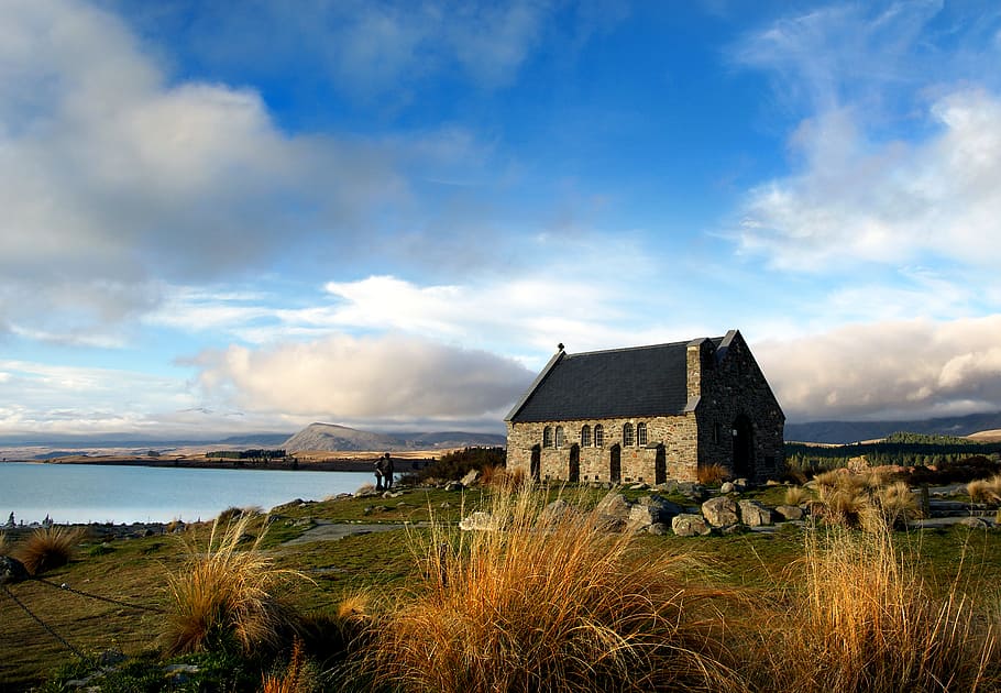 Igreja, Bom, Lago Tekapo, Nova Zelândia, corpo de água, casa, céu, nuvem - céu, arquitetura, estrutura construída