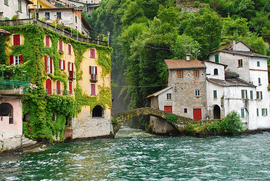gray, concrete, house, body, water, trees, daytime, Lake Como, Lago Di Como, Como, Italy