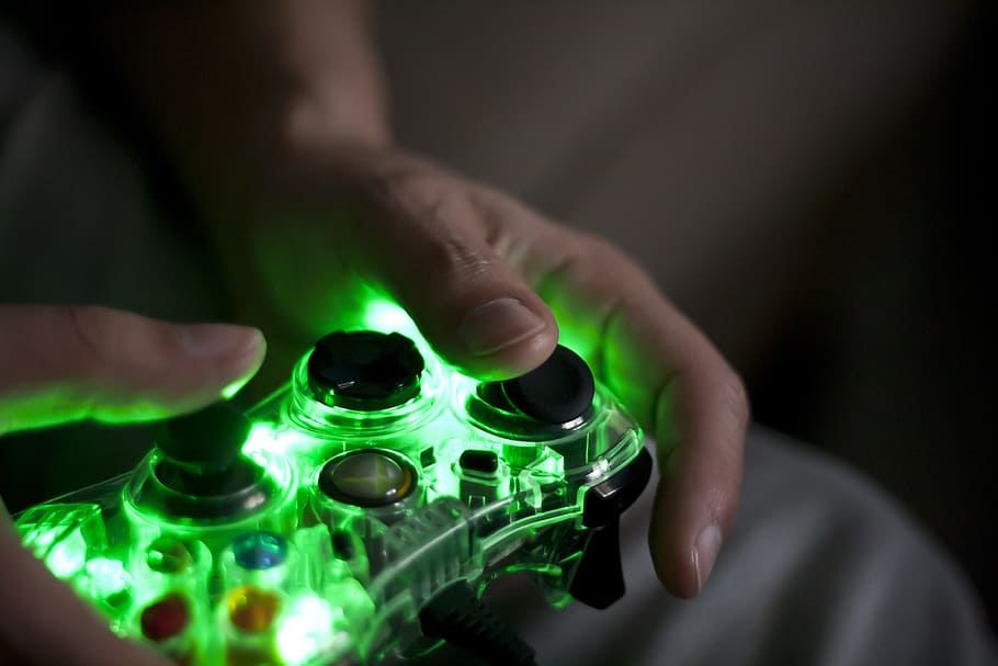 person, holding, xbox 360 controller, play, technology, console, joystick, neon, light, thumb