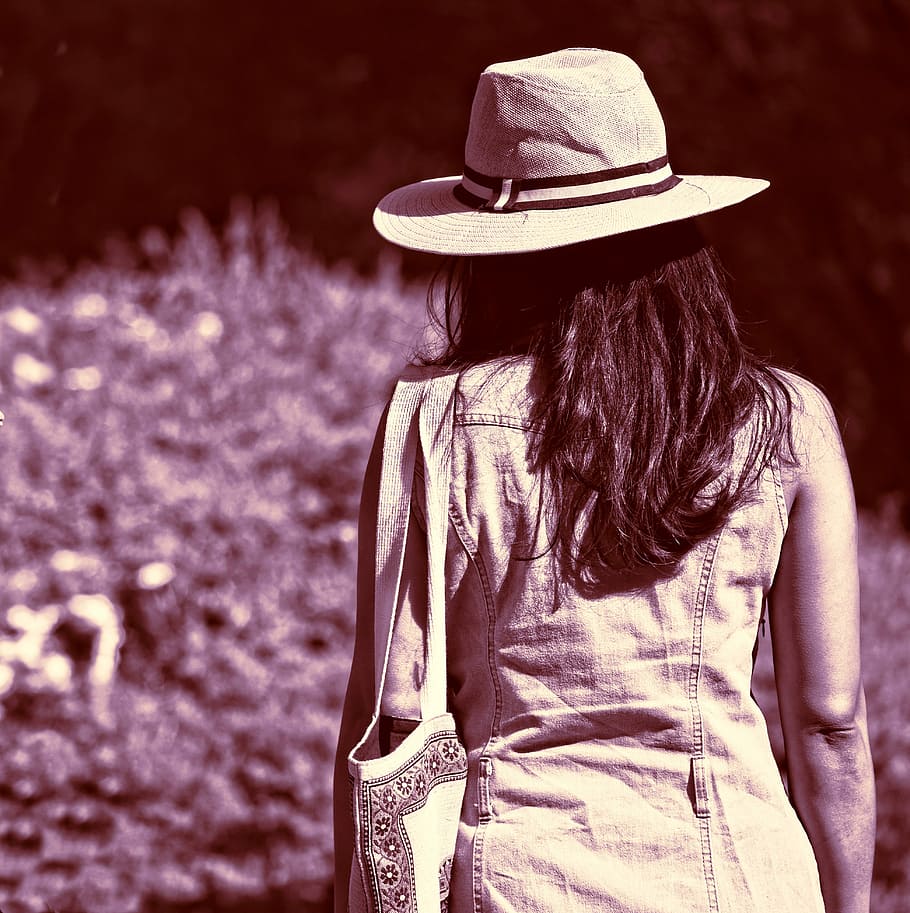 gray, scale photo, woman, wearing, white, hat, person, straw hat, headgear, hair