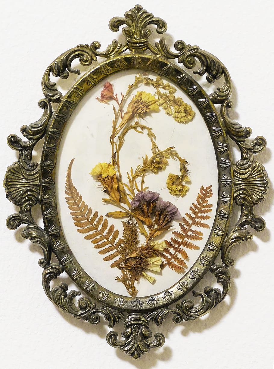 mural, medallion, flower picture, dried flowers, metal frame, behind glass, isolated, indoors, studio shot, close-up