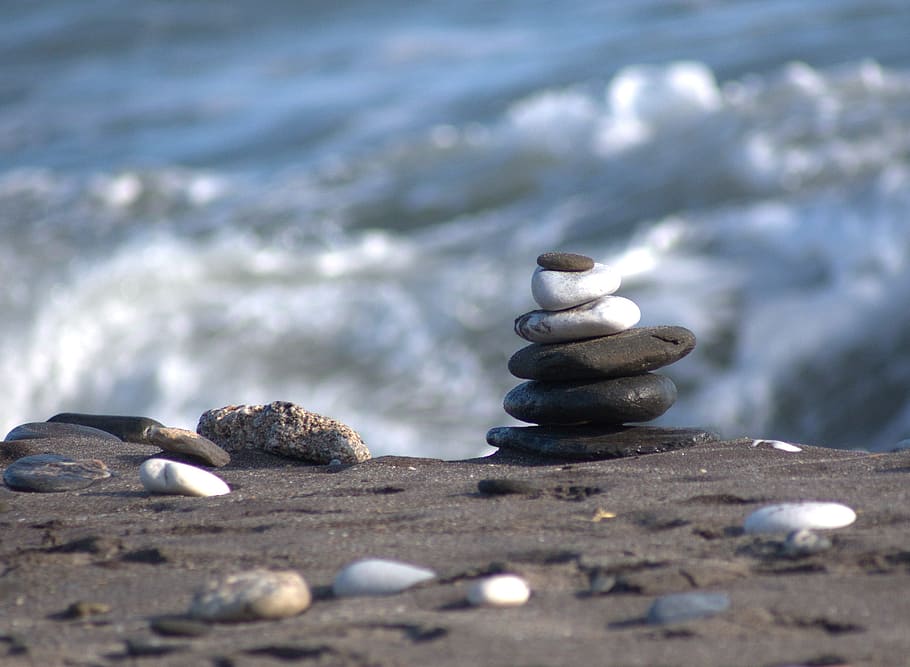 pile, stones, black, sand, beach, stone pile, seascape, ocean, waves, water