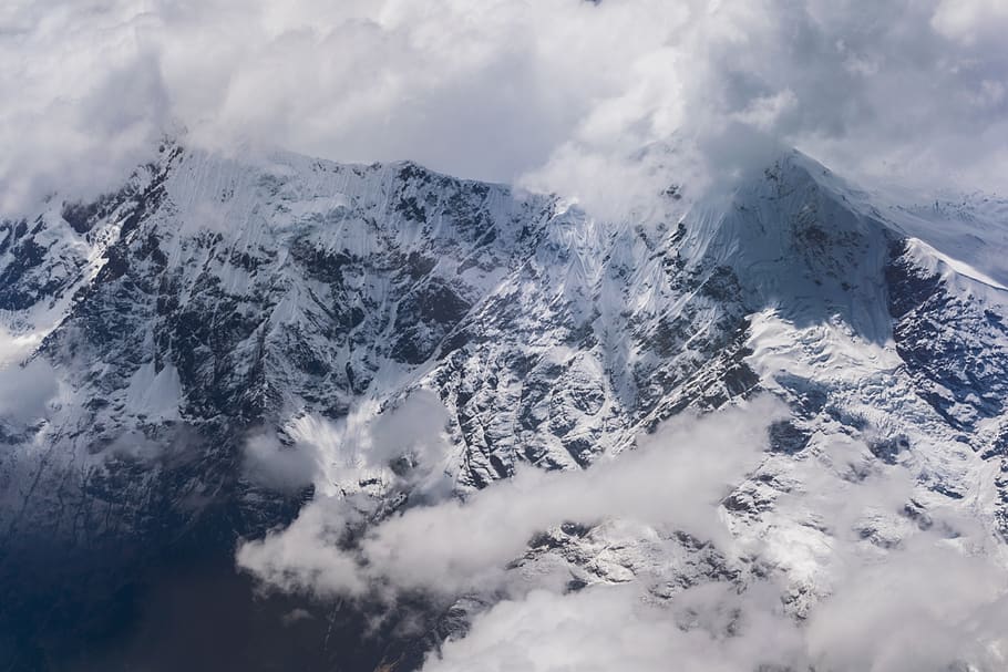 mountains, peaks, summit, clouds, nature, rocks, cliffs, snow, cold, winter