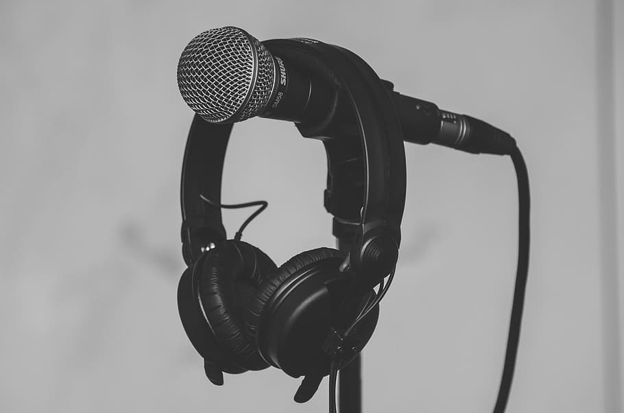 microphone, black and white, headset, headphone, music, technology, input device, close-up, focus on foreground, indoors