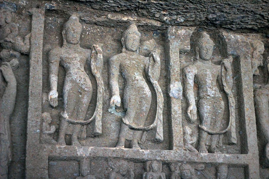 karla caves, statues, cave, carvings, india, statue, religion, temple, asia, stone