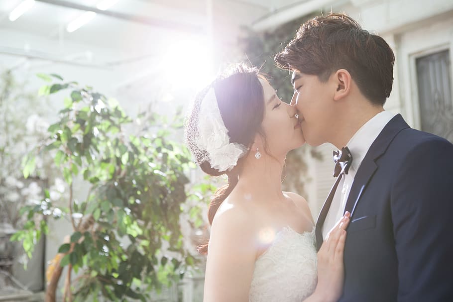 woman, kissing, man, green, leafed, plant, the couple, couples, marriage, groom