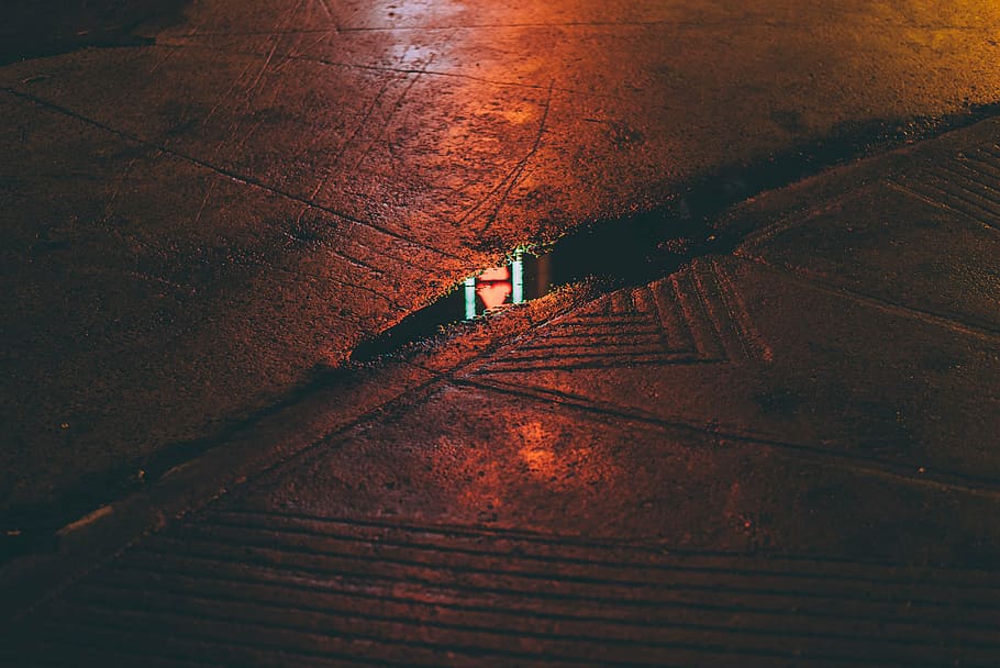 close-up, concrete, surface, road, street, water, reflection, night, architecture, built structure